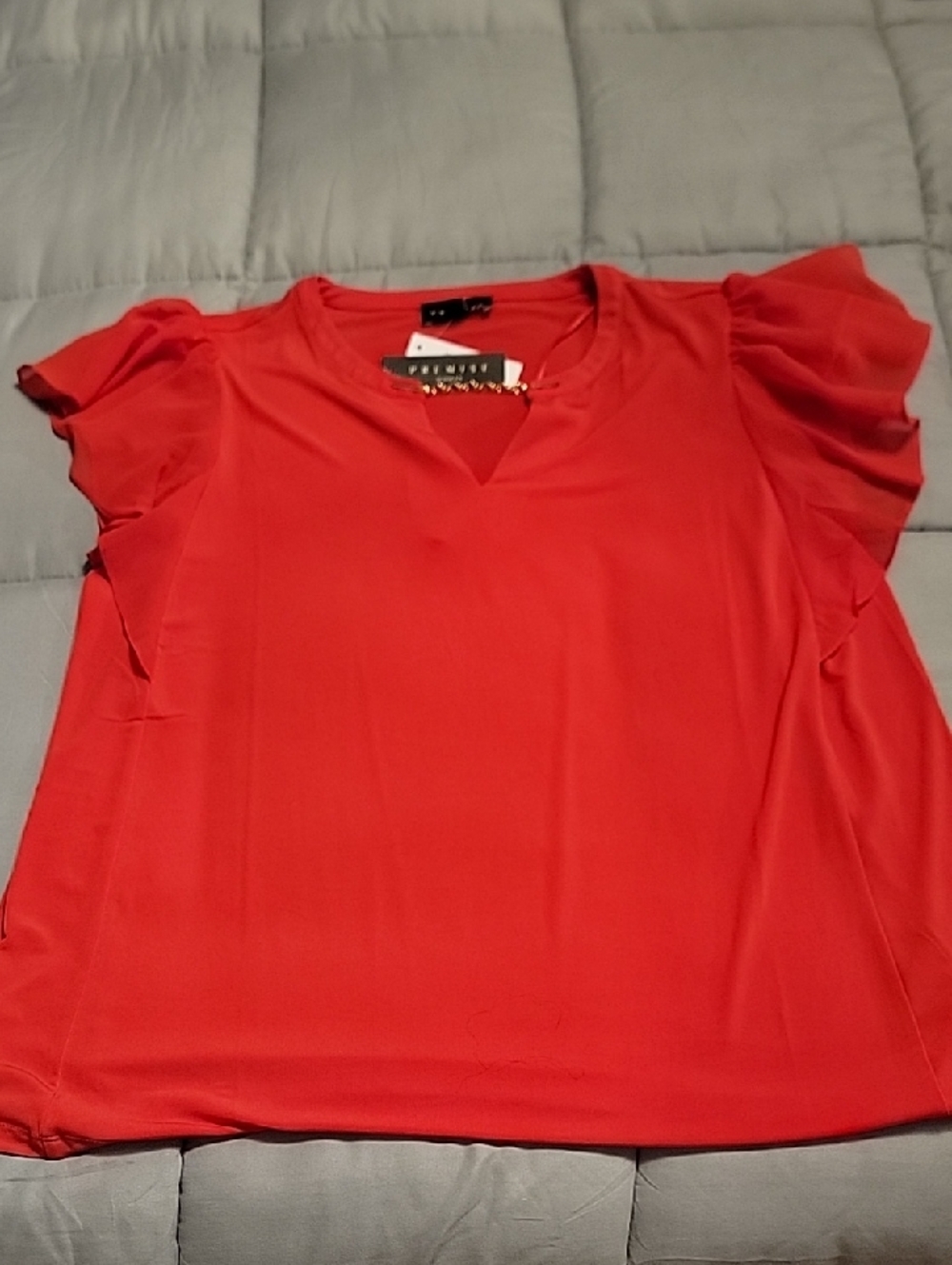 Premise Coral-Red Flutter Sleeve V-Neck Blouse